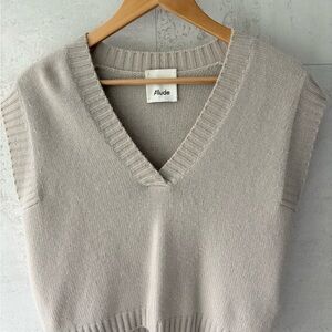 Tan/ Gray Cashmere V-Neck Sweater Vest with Ribbed Detailing